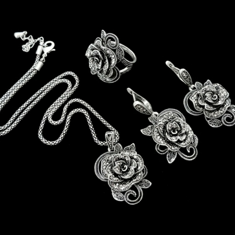 3pc Antique silver Rose' set